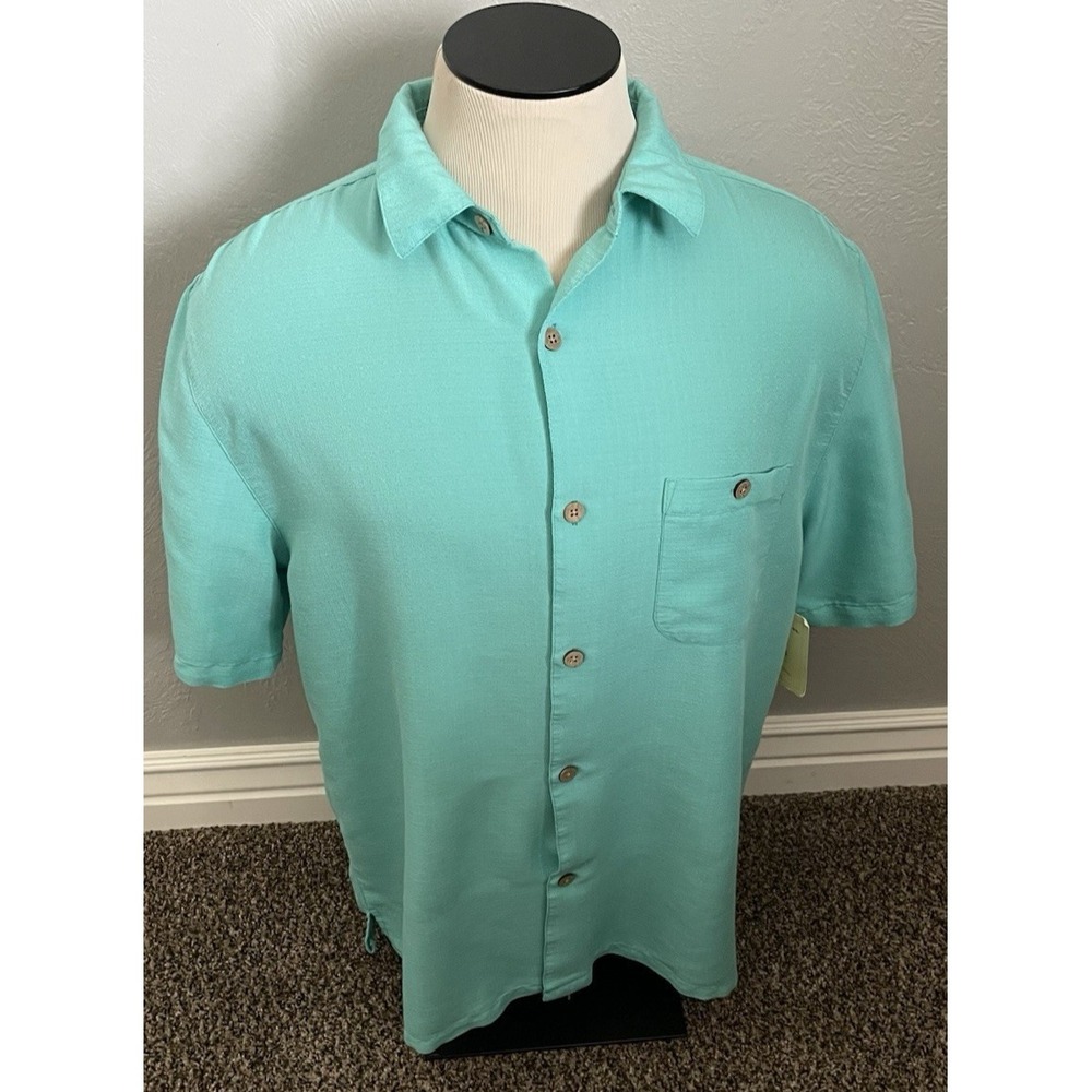 NEW! Joe Marlin Mens Size XL Short Sleeve Button Up Shirt Teal Blue Rayon Blend